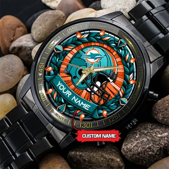 Custom Miamis Team Dolphins Stained Art Black Stainless Steel Watch