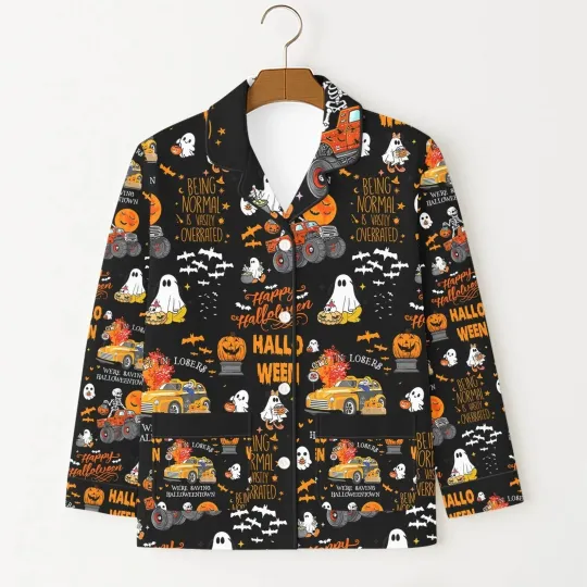 Halloween Pattern Pajamas Set, Ghost Pumpkin Skeleton Pajamas, Long Sleeve Shirt
