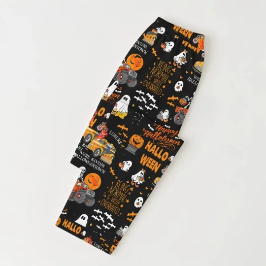 Halloween Pattern Pajamas Set, Ghost Pumpkin Skeleton Pajamas, Long Sleeve Shirt