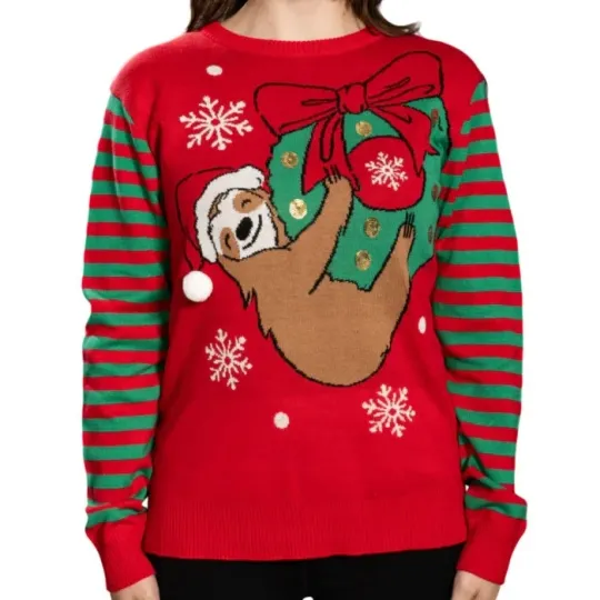 Mad Engine Juniors Sloth Hanging On Ornament Ugly Christmas Sweater  XL