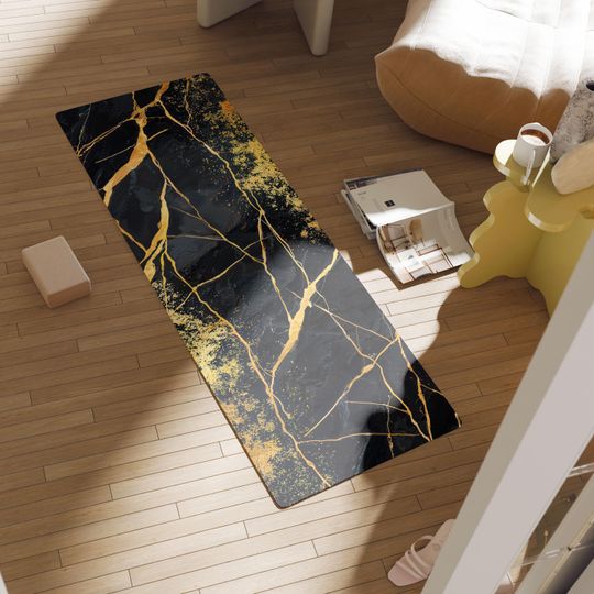 Kintsugi Pattern Yoga Mat - Black Gold Marble
