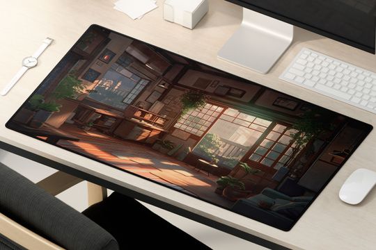 Anime Room Desk Mat: Sunlit Plant-Filled Workspace