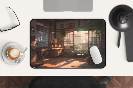 Anime Room Desk Mat: Sunlit Plant-Filled Workspace