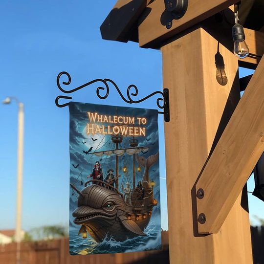 Whalecum to Halloween Garden Flag  Funny Pirate Whale Yard Decor