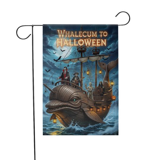 Whalecum to Halloween Garden Flag  Funny Pirate Whale Yard Decor