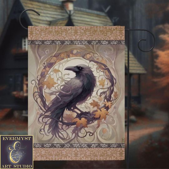 Crow Halloween Flag, Mabon Samhain Fall Garden Flag, Cottagecore Crow Boho