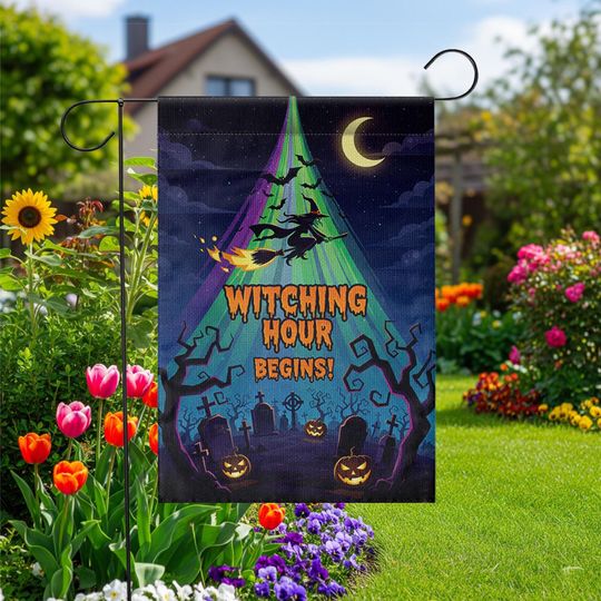 Witching Hour Begins Garden Flag  Halloween Witch Yard Banner Spooky Graveyard