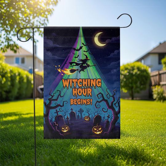 Witching Hour Begins Garden Flag  Halloween Witch Yard Banner Spooky Graveyard