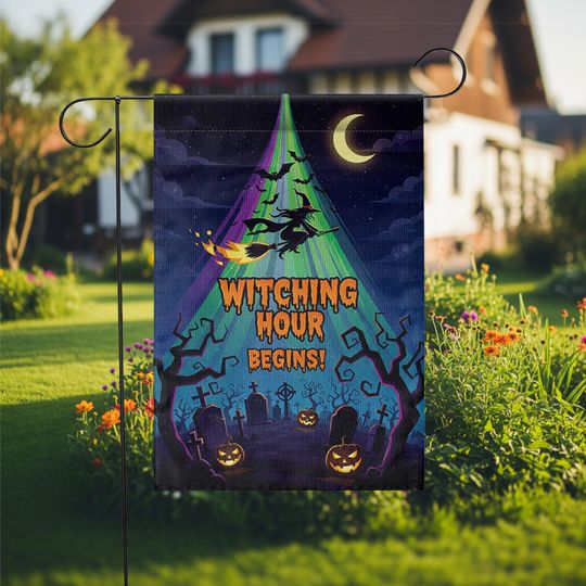 Witching Hour Begins Garden Flag  Halloween Witch Yard Banner Spooky Graveyard
