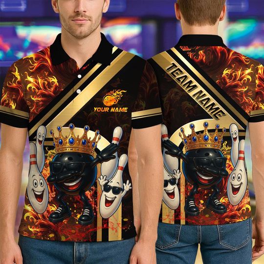 Custom Bowling Polo Royal Fireball Gold Stripe
