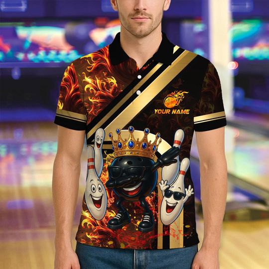 Custom Bowling Polo Royal Fireball Gold Stripe