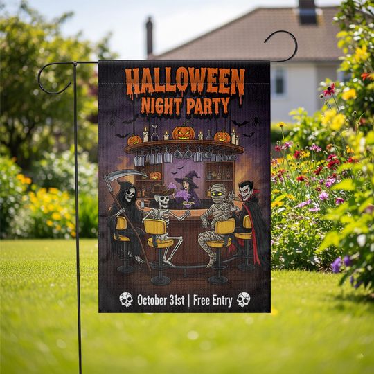 Halloween Night Party Garden Flag  Funny Skeleton Vampire Bar Decor  October 31 Yard Sign
