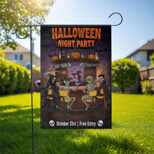 Halloween Night Party Garden Flag  Funny Skeleton Vampire Bar Decor  October 31 Yard Sign