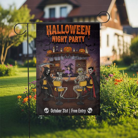 Halloween Night Party Garden Flag  Funny Skeleton Vampire Bar Decor  October 31 Yard Sign