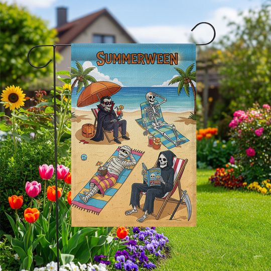 Summerween Garden Flag - Funny Halloween Summer Yard Decor - Skeleton Beach Party Flag