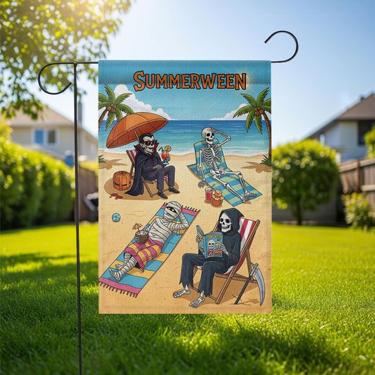 Summerween Garden Flag - Funny Halloween Summer Yard Decor - Skeleton Beach Party Flag