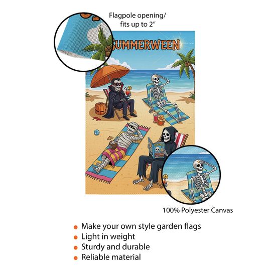 Summerween Garden Flag - Funny Halloween Summer Yard Decor - Skeleton Beach Party Flag