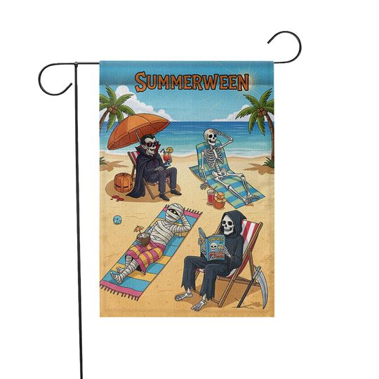 Summerween Garden Flag - Funny Halloween Summer Yard Decor - Skeleton Beach Party Flag