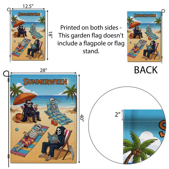Summerween Garden Flag - Funny Halloween Summer Yard Decor - Skeleton Beach Party Flag