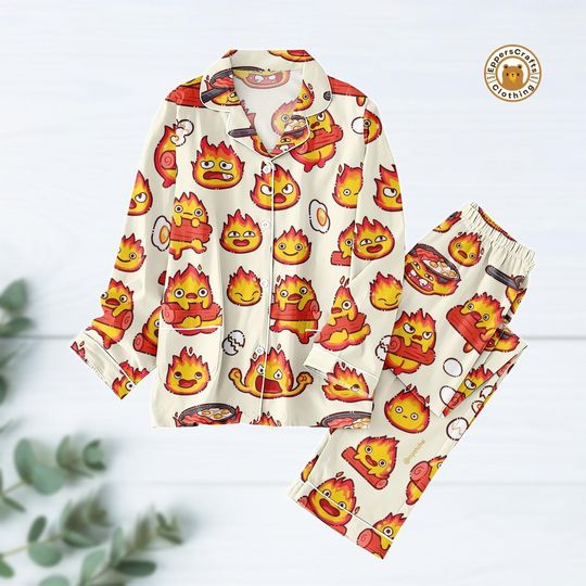Calcifer Pajama Set, Howls Moving Castle Sleepwear, Studio Ghibli Anime Nightwear, Cute Kawaii Fire Demon Loungewear