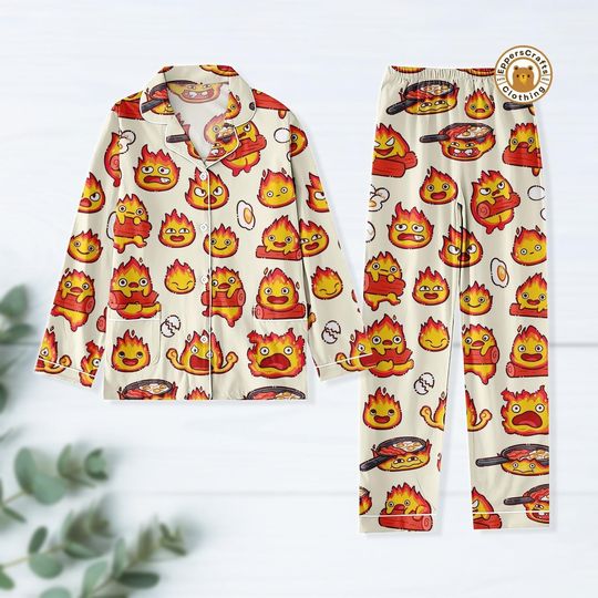 Calcifer Pajama Set, Howls Moving Castle Sleepwear, Studio Ghibli Anime Nightwear, Cute Kawaii Fire Demon Loungewear