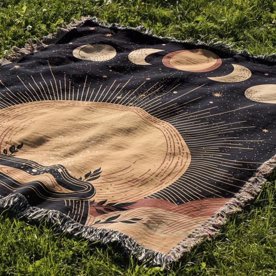 Celestial Woven Blanket with Moon Phase Pattern, Sun and Moon Astrology Throw