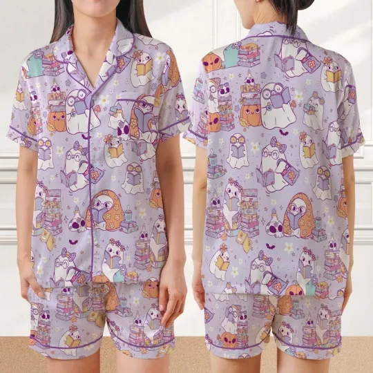 Cute Bookish Ghost Halloween Satin Pajamas, Book Lover, Reading Boo, Ghost Readi