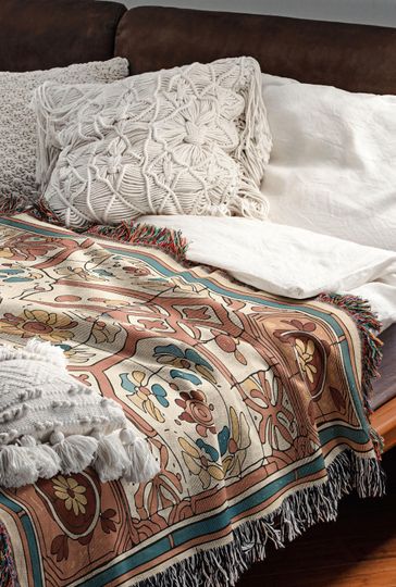 Vintage Floral Tile Print Woven Blanket, Mediterranean Boho Throw