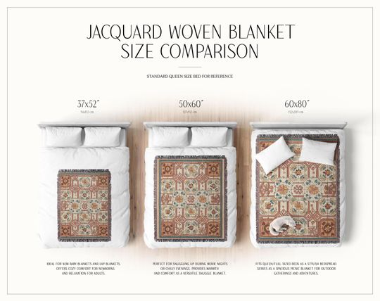 Vintage Floral Tile Print Woven Blanket, Mediterranean Boho Throw