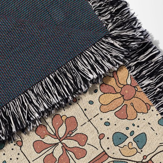 Vintage Floral Tile Print Woven Blanket, Mediterranean Boho Throw