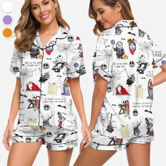 Nightmare Before Christmas Quotes Halloween Satin Short-Sleeve Pajamas Set