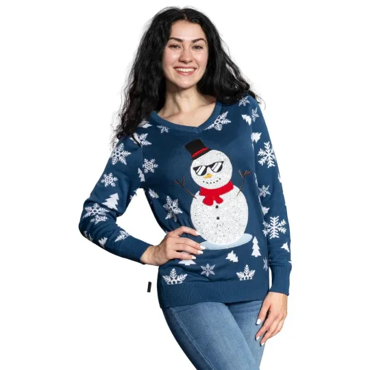 Fabulous V-Neck Sequin Snowman Ugly Christmas Sweater