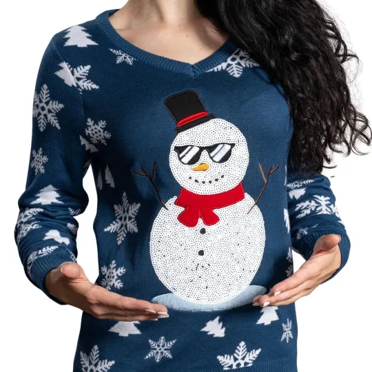 Fabulous V-Neck Sequin Snowman Ugly Christmas Sweater