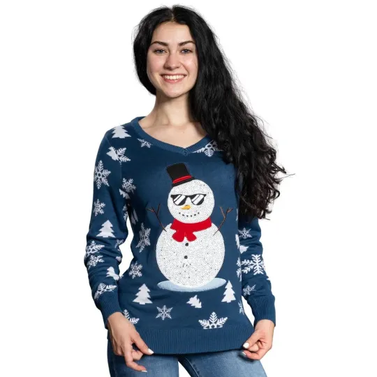Fabulous V-Neck Sequin Snowman Ugly Christmas Sweater