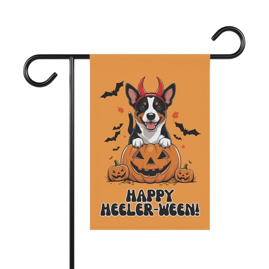 Happy Heelerween Garden Flag, Funny Halloween Home Decor, Blue Heeler Cattle Dog Owner Gift, Dog Breed Outdoor Decor, Orange Bats Pumpkins