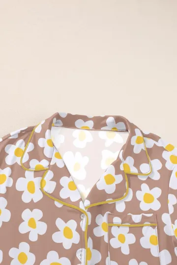 Womens Pajama Sets Brown White Flower Print Buttoned Drawstring Waist Lounge ...