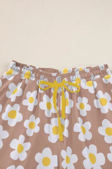Womens Pajama Sets Brown White Flower Print Buttoned Drawstring Waist Lounge ...