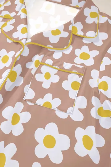 Womens Pajama Sets Brown White Flower Print Buttoned Drawstring Waist Lounge ...