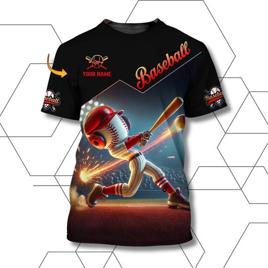 Custom 3D Baseball T-Shirt: Fire Bat Design, Sports Fan Jersey