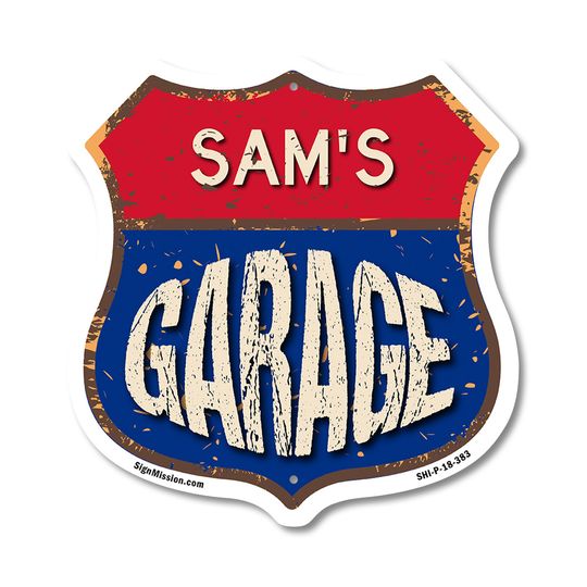 Sam's Garage Shield Metal Sign Weather-Resistant Crafted in the USA