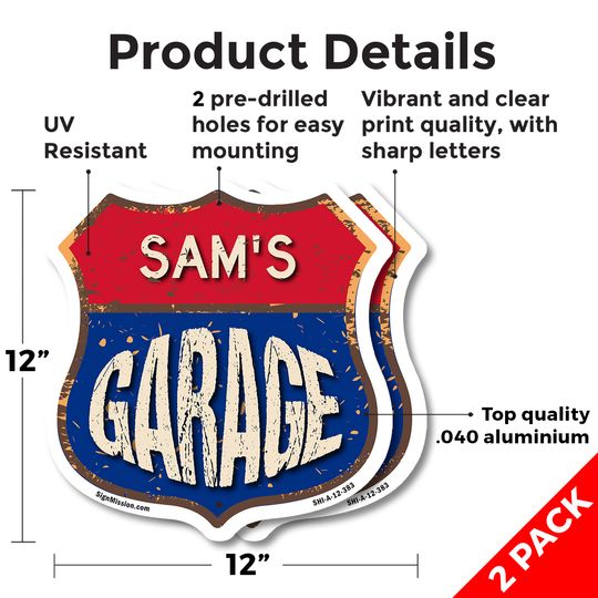 Sam's Garage Shield Metal Sign Weather-Resistant Crafted in the USA