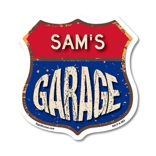 Sam's Garage Shield Metal Sign Weather-Resistant Crafted in the USA