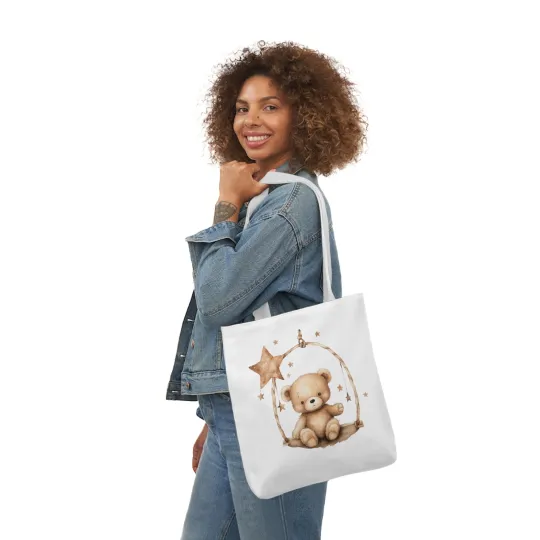 Brown Teddy Bear Polyester Canvas Tote Bag (AOP)