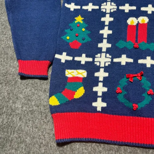 Christmas Sweater Ugly Medium Holiday Blue Tree Candy Cane Wreath Grandma