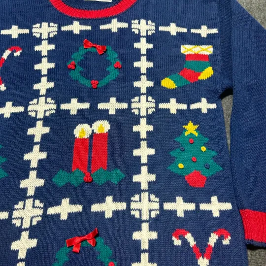 Christmas Sweater Ugly Medium Holiday Blue Tree Candy Cane Wreath Grandma