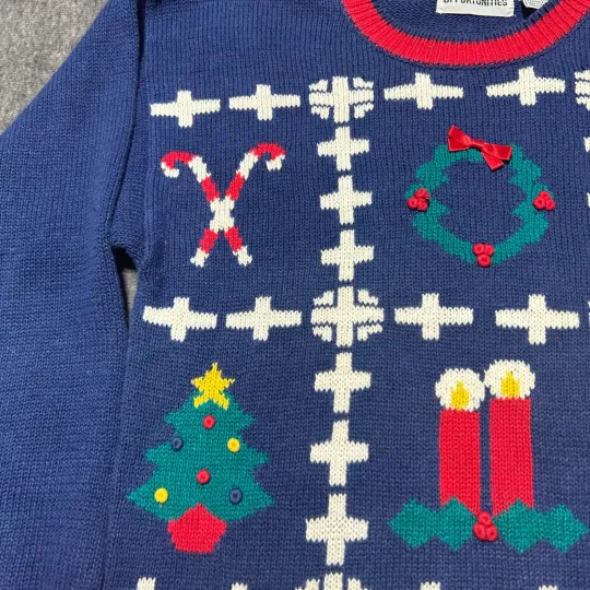 Christmas Sweater Ugly Medium Holiday Blue Tree Candy Cane Wreath Grandma