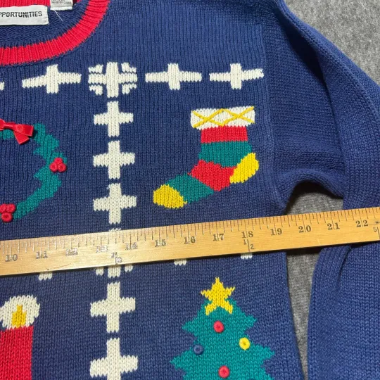 Christmas Sweater Ugly Medium Holiday Blue Tree Candy Cane Wreath Grandma