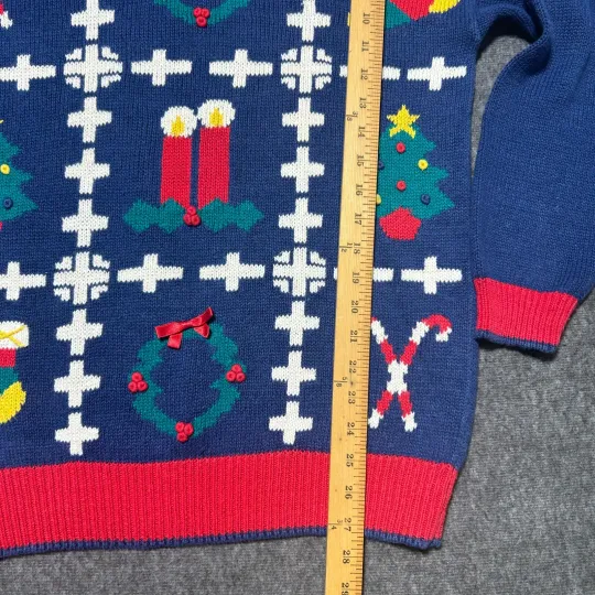 Christmas Sweater Ugly Medium Holiday Blue Tree Candy Cane Wreath Grandma