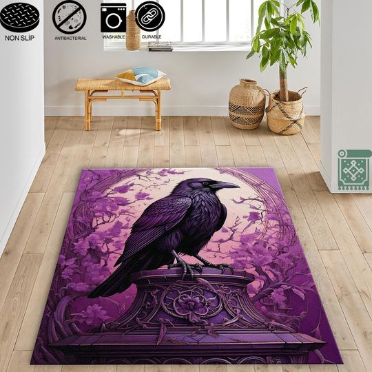 Gothic Raven Rug, Dark Academia, Purple and Black Victorian Gothic Carpet, Crow Witchcore Decor, Halloween Gift Rug