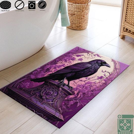 Gothic Raven Rug, Dark Academia, Purple and Black Victorian Gothic Carpet, Crow Witchcore Decor, Halloween Gift Rug